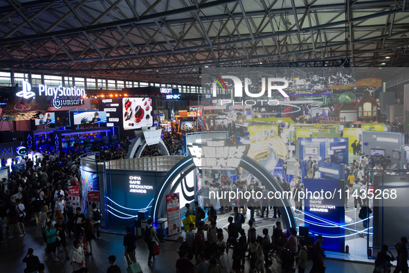 A general view of crowd fairgoers is showing them packed during the Chinajoy games fair in Shanghai, China, on July 26, 2024. 