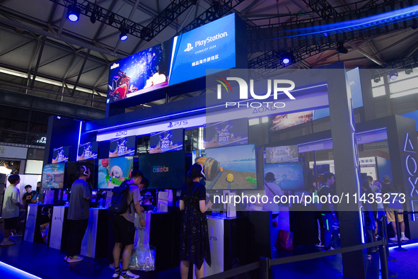 A general view is showing games of Astrobot at the PlayStation booth during the Chinajoy games fair in Shanghai, China, on July 26, 2024. 