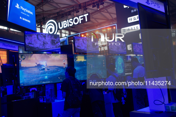 A general view is showing games of Astrobot at the PlayStation booth during the Chinajoy games fair in Shanghai, China, on July 26, 2024. 