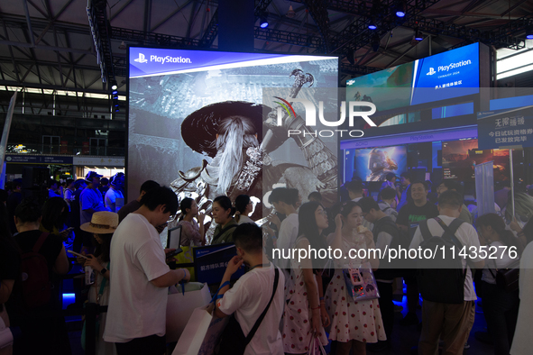 A general view of the PlayStation game booth is being shown during the Chinajoy games fair in Shanghai, China, on July 26, 2024. 