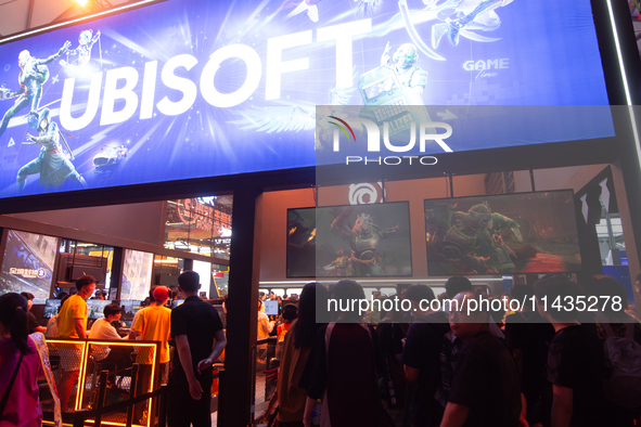 A general view of the Ubisoft games booth is being shown during the Chinajoy games fair in Shanghai, China, on July 26, 2024. 