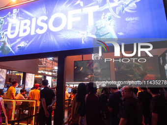 A general view of the Ubisoft games booth is being shown during the Chinajoy games fair in Shanghai, China, on July 26, 2024. (