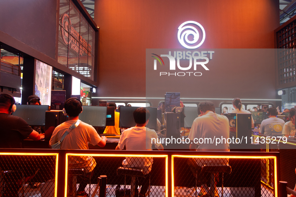 A general view of the Ubisoft games booth is being shown during the Chinajoy games fair in Shanghai, China, on July 26, 2024. 