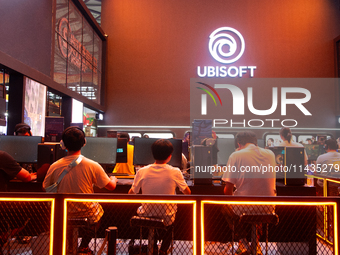 A general view of the Ubisoft games booth is being shown during the Chinajoy games fair in Shanghai, China, on July 26, 2024. (