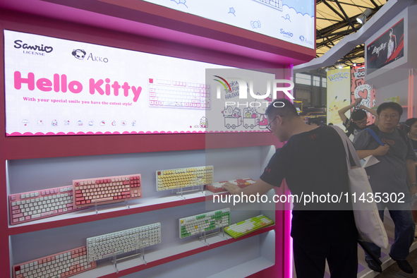 General view of Hello Kitty keyboards is being displayed during the Chinajoy games fair in Shanghai, China, on July 26, 2024. 