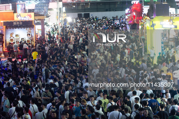 A packed crowd of fairgoers is being seen during the Chinajoy games fair in Shanghai, China, on July 26, 2024. 