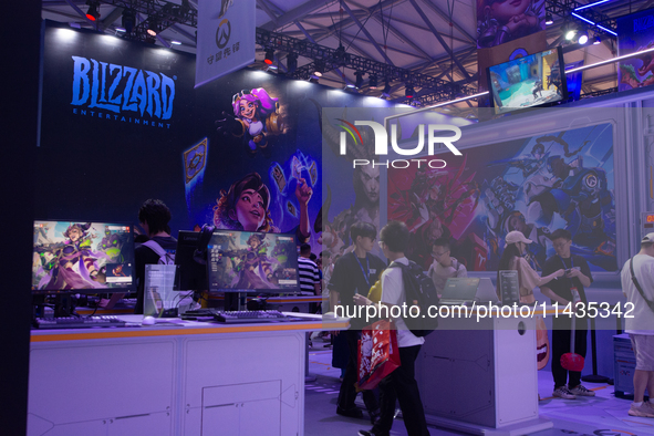 A general view of the Blizzard Entertainment booth is being shown at the Chinajoy games fair in Shanghai, China, on July 26, 2024. 