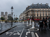 Security is operating in the center of Paris, within the no-go zone, hours before the opening ceremony of the Paris 2024 Olympic Games, in P...