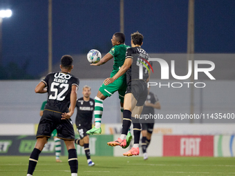 Jorge Fernandes of Vitoria SC is engaging in an aerial duel with Kemar Reid of Floriana during the UEFA Europa Conference League, Second Qua...