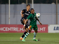 Kemar Reid (front) of Floriana is being closely challenged by Baio Alberto (back) of Vitoria SC during the UEFA Europa Conference League, Se...