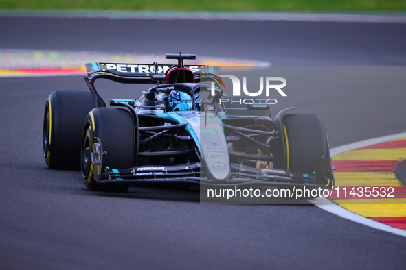 George Russell of Mercedes-AMG Petronas is driving his single-seater after the free practice of the Belgian GP, the 14th race of the Formula...