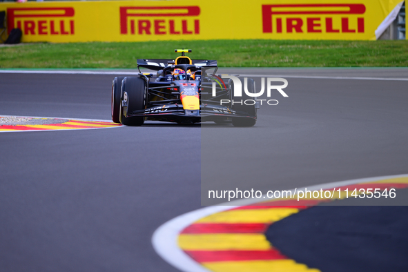 Sergio Perez of Red Bull Racing Honda is driving his single-seater after the free practice of the Belgian GP, the 14th race of the Formula 1...