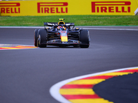 Sergio Perez of Red Bull Racing Honda is driving his single-seater after the free practice of the Belgian GP, the 14th race of the Formula 1...