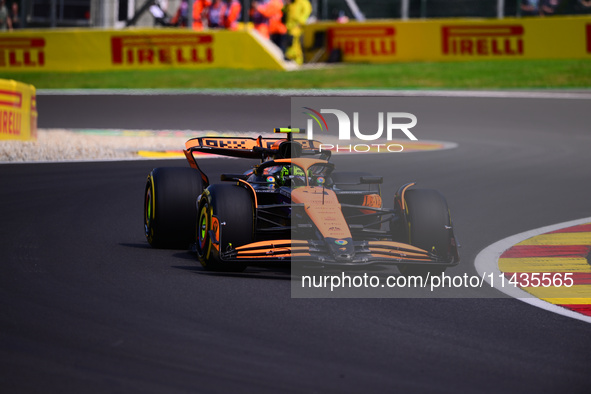 Lando Norris is driving his single-seater for the McLaren F1 Team after the free practice of the Belgian GP, the 14th race of the Formula 1...