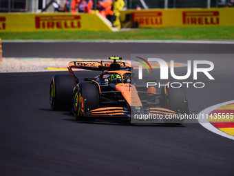 Lando Norris is driving his single-seater for the McLaren F1 Team after the free practice of the Belgian GP, the 14th race of the Formula 1...