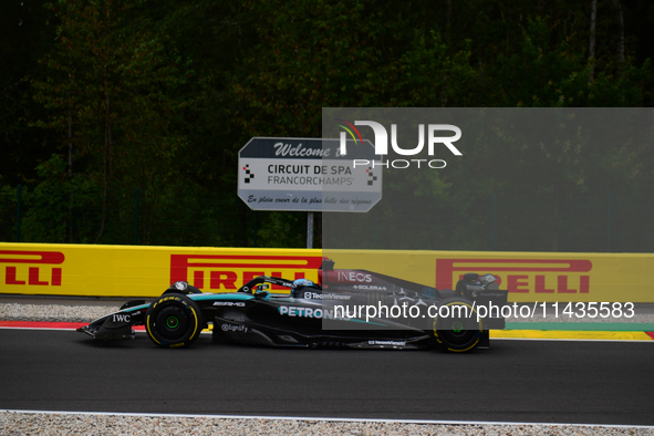 George Russell of Mercedes-AMG Petronas is driving his single-seater after the free practice of the Belgian GP, the 14th race of the Formula...