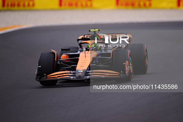 Lando Norris is driving his single-seater for the McLaren F1 Team after the free practice of the Belgian GP, the 14th race of the Formula 1...