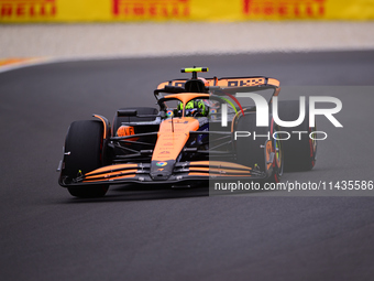 Lando Norris is driving his single-seater for the McLaren F1 Team after the free practice of the Belgian GP, the 14th race of the Formula 1...