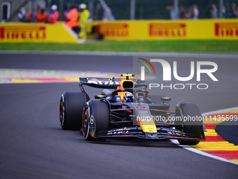 Sergio Perez of Red Bull Racing Honda is driving his single-seater after the free practice of the Belgian GP, the 14th race of the Formula 1...