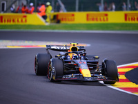 Sergio Perez of Red Bull Racing Honda is driving his single-seater after the free practice of the Belgian GP, the 14th race of the Formula 1...