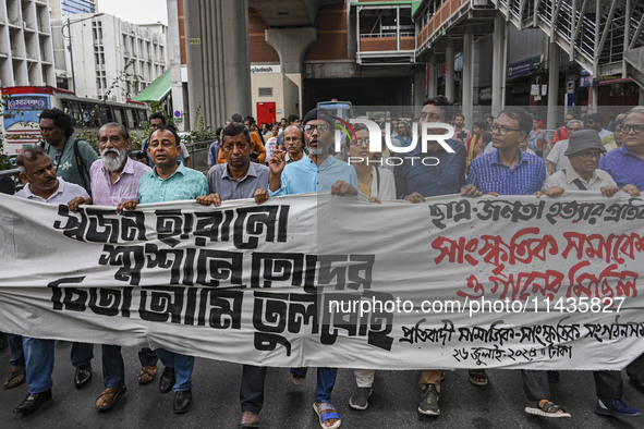 Activists are taking part in a song march to protest against the indiscriminate killings and mass arrests in Dhaka, Bangladesh, on July 26,...