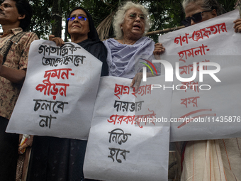 People are taking part in a song march to protest against the indiscriminate killings and mass arrests in Dhaka, Bangladesh, on July 26, 202...