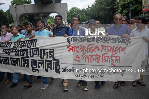 People are taking part in a song march to protest against the indiscriminate killings and mass arrests in Dhaka, Bangladesh, on July 26, 202...