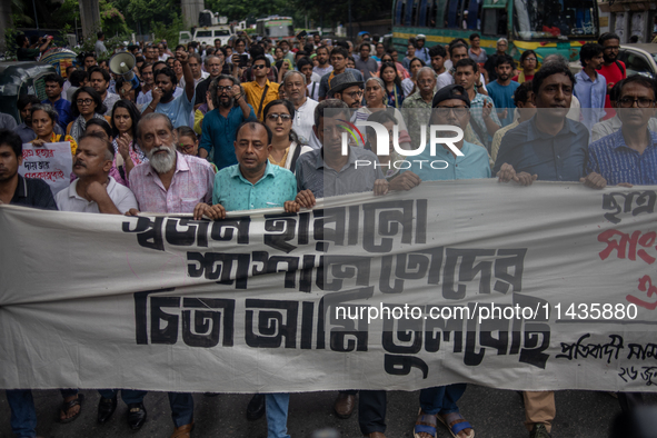 People are taking part in a song march to protest against the indiscriminate killings and mass arrests in Dhaka, Bangladesh, on July 26, 202...