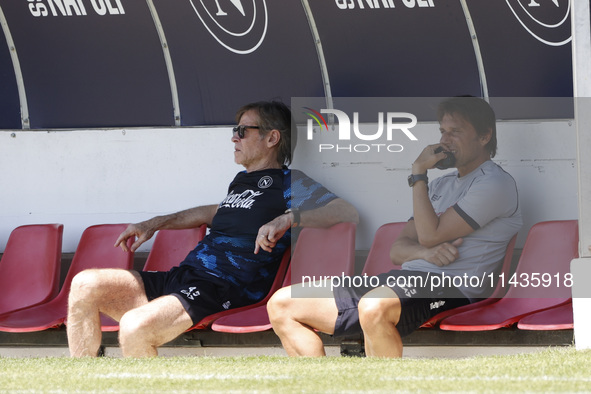 Antonio Conte, coach of Napoli, is working with Gabriele Oriali during day 2 of the preseason training camp of SSC Napoli at Stadio Patini i...