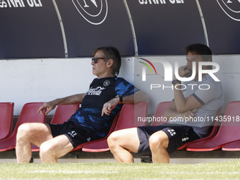 Antonio Conte, coach of Napoli, is working with Gabriele Oriali during day 2 of the preseason training camp of SSC Napoli at Stadio Patini i...