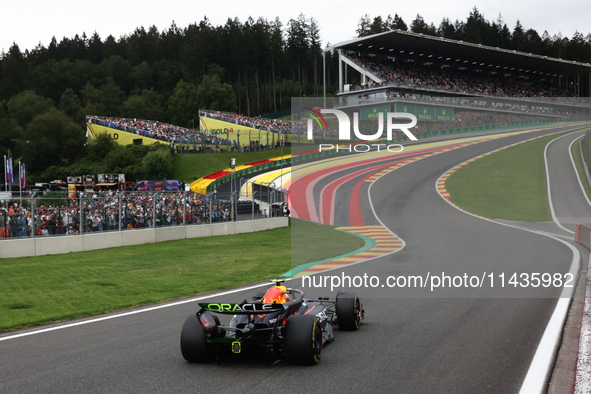 Sergio Perez of Red Bull Racing during second practice ahead of the Formula 1 Belgian Grand Prix at Spa-Francorchamps in Spa, Belgium on Jul...