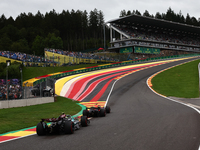 Max Verstappen of Red Bull Racing and Lewis Hamilton of Mercedes during second practice ahead of the Formula 1 Belgian Grand Prix at Spa-Fra...