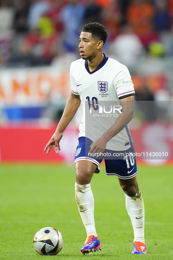 Jude Bellingham attacking midfield of England and Real Madrid during the UEFA EURO 2024 semi-final match between Netherlands and England at...