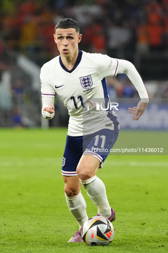 Phil Foden right winger of England and Manchester City during the UEFA EURO 2024 semi-final match between Netherlands and England at Footbal...