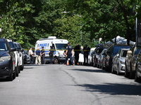 Police from the Crime Scene Unit of the NYPD are arriving at the scene and investigating after two women are fatally shot in a murder-suicid...