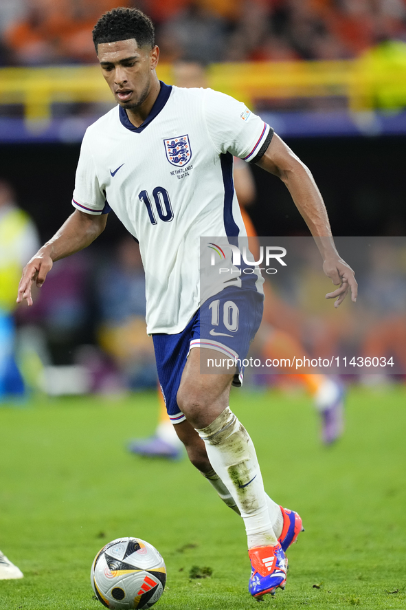 Jude Bellingham attacking midfield of England and Real Madrid during the UEFA EURO 2024 semi-final match between Netherlands and England at...