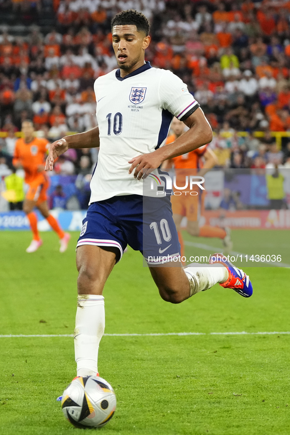 Jude Bellingham attacking midfield of England and Real Madrid during the UEFA EURO 2024 semi-final match between Netherlands and England at...