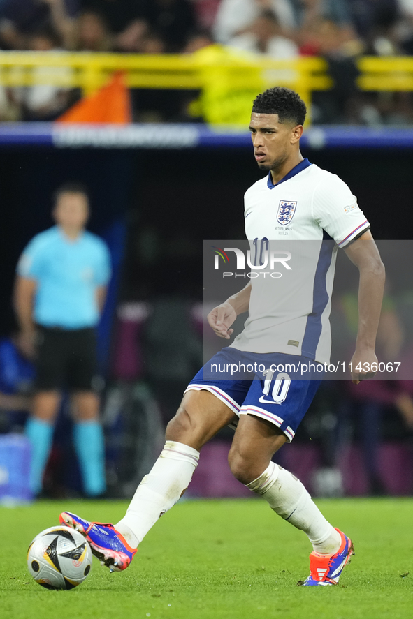 Jude Bellingham attacking midfield of England and Real Madrid during the UEFA EURO 2024 semi-final match between Netherlands and England at...