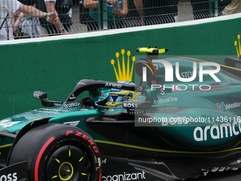 Fernando Alonso of Spain is driving the (14) Aston Martin Aramco Cognizant F1 Team AMR24 Mercedes during the Formula 1 Rolex Belgian Grand P...