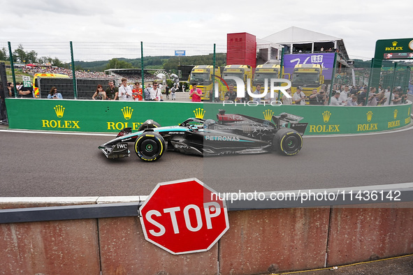 George Russell of the UK is driving the (63) Mercedes-AMG Petronas F1 Team F1 W15 E Performance Mercedes during the Formula 1 Rolex Belgian...