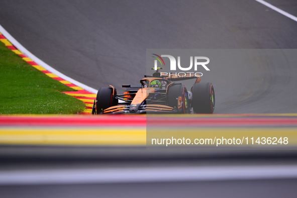 Lando Norris is driving his single-seater for the McLaren F1 Team during the free practice of the Belgian GP, the 14th race of the Formula 1...