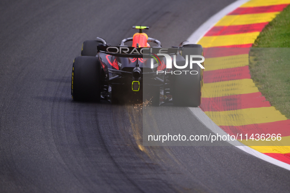 Sergio Perez of Red Bull Racing Honda is driving his single-seater during the free practice of the Belgian GP, the 14th race of the Formula...