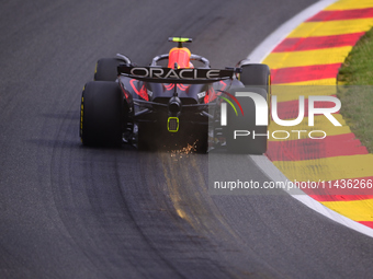 Sergio Perez of Red Bull Racing Honda is driving his single-seater during the free practice of the Belgian GP, the 14th race of the Formula...