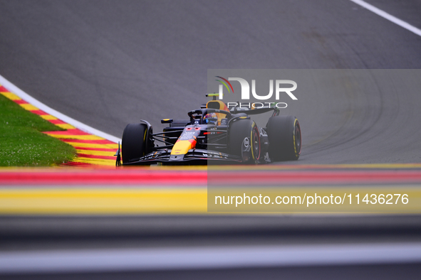 Sergio Perez of Red Bull Racing Honda is driving his single-seater during the free practice of the Belgian GP, the 14th race of the Formula...