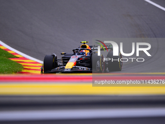 Sergio Perez of Red Bull Racing Honda is driving his single-seater during the free practice of the Belgian GP, the 14th race of the Formula...