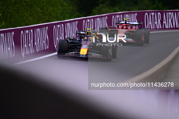 Sergio Perez of Red Bull Racing Honda is driving his single-seater during the free practice of the Belgian GP, the 14th race of the Formula...