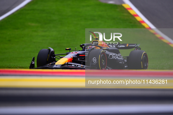 Sergio Perez of Red Bull Racing Honda is driving his single-seater during the free practice of the Belgian GP, the 14th race of the Formula...