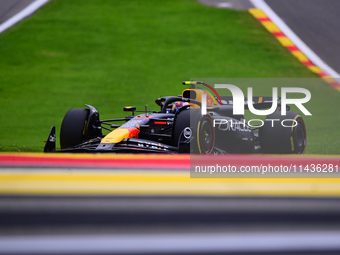 Sergio Perez of Red Bull Racing Honda is driving his single-seater during the free practice of the Belgian GP, the 14th race of the Formula...