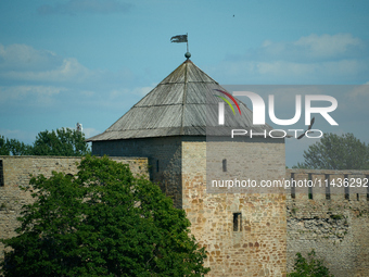 A bird flies past a tower of the Ivangorod Fortress accross the river in Narva, Estonia on 24 July, 2024. Estonian authorities have closed t...