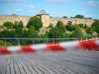 The Ivangorod Fortress is seen accross the river in Narva, Estonia on 24 July, 2024. Estonian authorities have closed the bridge that connec...